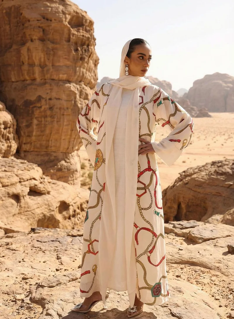 ISHIN  Off White Abstract print layered Abaya with Hijab for Women | Best Price UAE